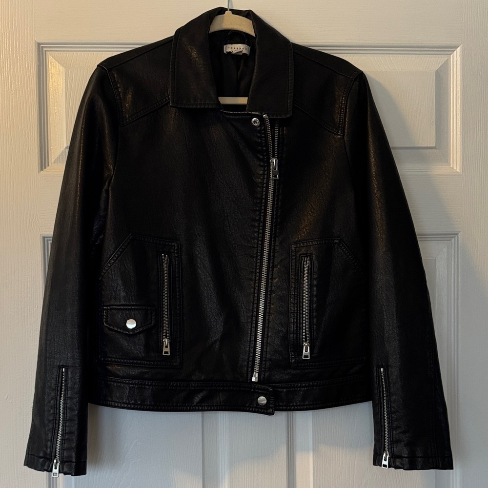 TOPSHOP Black Faux Leather Biker/ Moto Jacket - Size Large